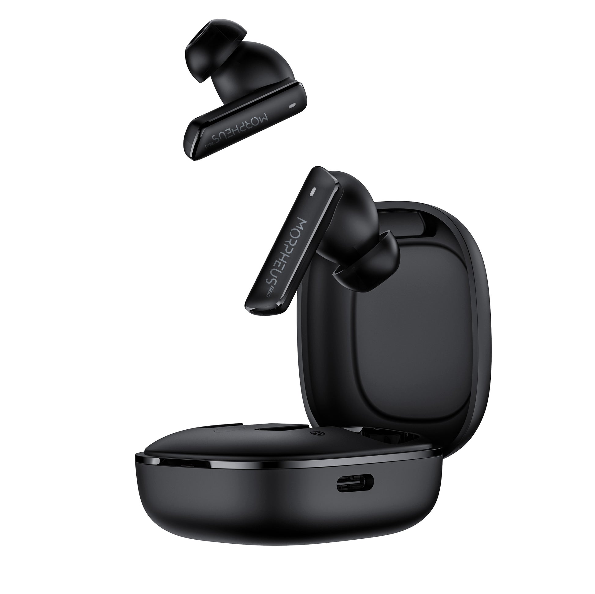 Photo of Morpheus 360 Pulse ANC Hybrid ANC True Wireless Earbuds, front view with charging case open and both black stick earbud is above outside of the charging case