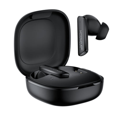 Photo of Morpheus 360 Pulse ANC Hybrid ANC True Wireless Earbuds, front view with charging case open, the right black stick earbud is above outside of the charging case while the left earbud is resting in charging case