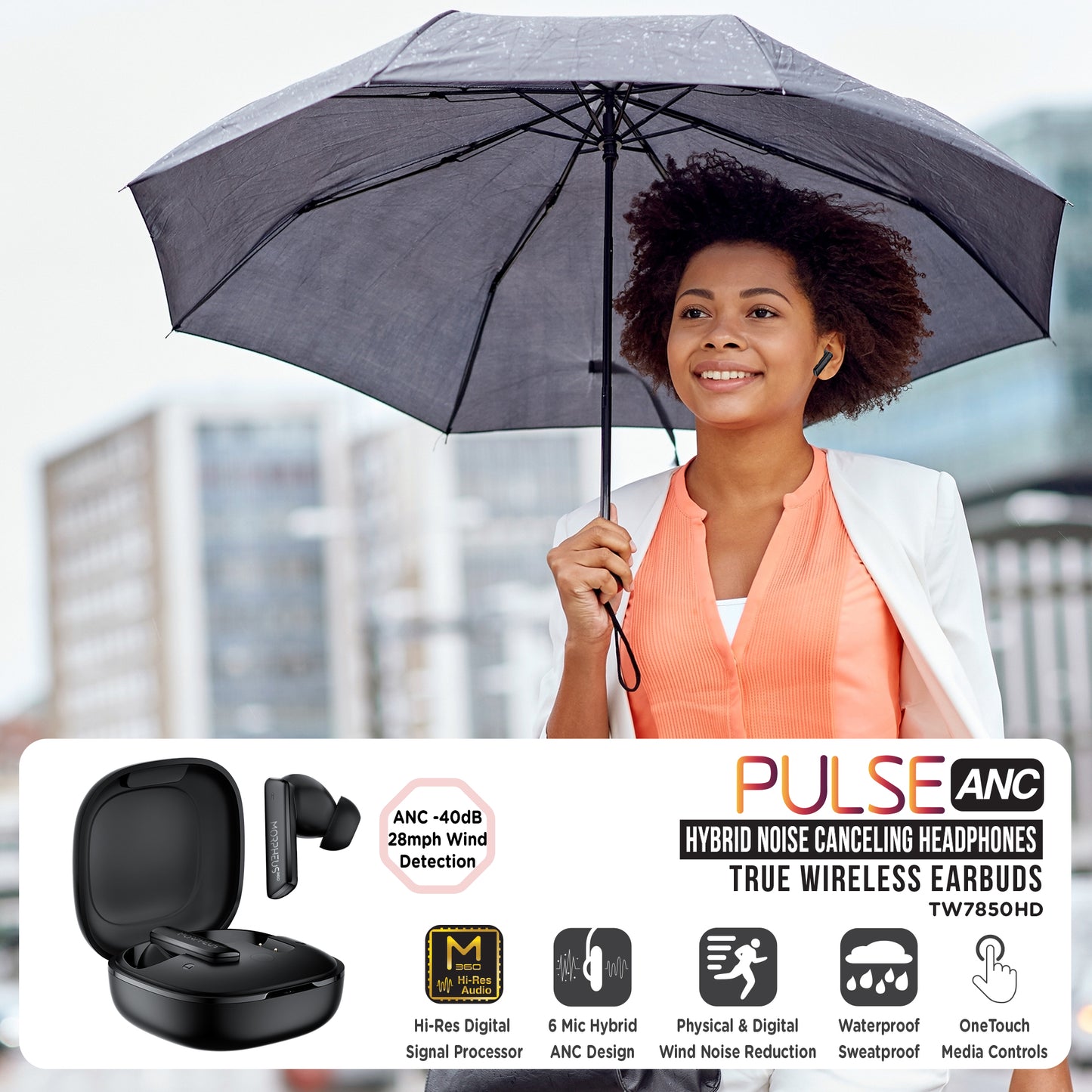 Young Smiling African American Businesswoman Holding An Umbrella Walking While on the Phone with Morpheus 360 TW7850HD_Icon Illustration Picture for features: Hi-Res Digital Signal Processor, 6 Mic Hybrid ANC Design, Physical and Digital Wind Noise Reduction, Waterproof/Sweatproof, and One Touch Media Controls.