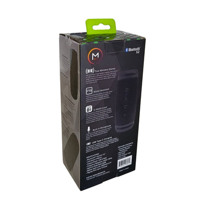 Photo of Morpheus 360 Sound Stage Wireless Bluetooth Speaker Retail packaging (back) with features: Bluetooth 5.2, 12 Watts, True Wireless Stereo, IPX6 Water Resistant, Built-In Microphone, USB Type-C Charging.