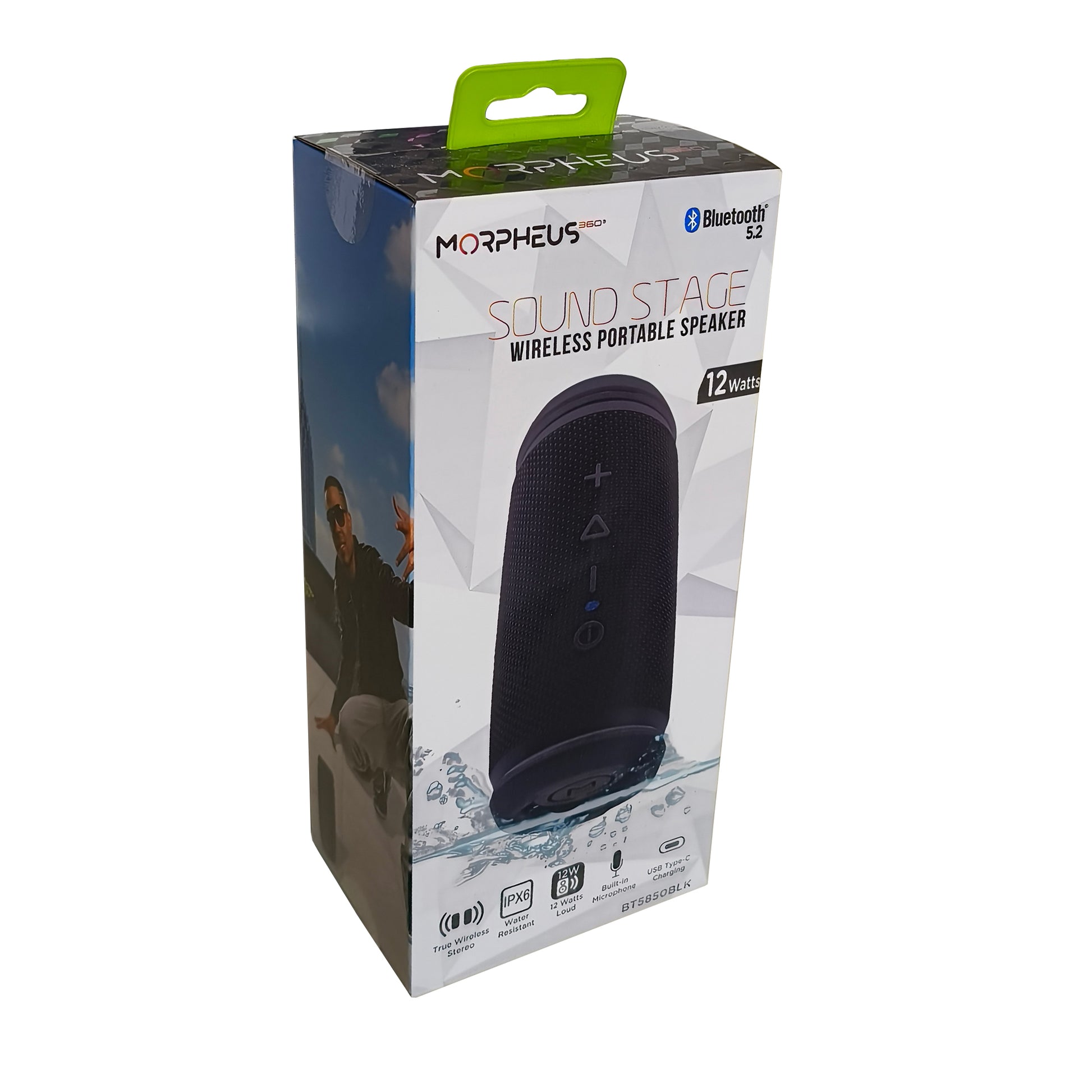 Photo of Morpheus 360 Sound Stage Wireless Bluetooth Speaker Retail packaging with features: Bluetooth 5.2, 12 Watts, True Wireless Stereo, IPX6 Water Resistant, Built-In Microphone, USB Type-C Charging.