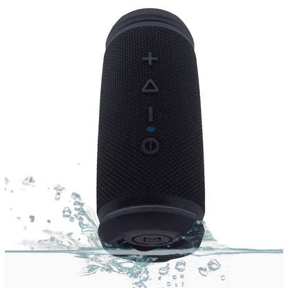 Photo of Morpheus 360 Sound Stage Wireless Bluetooth Speaker a front view showcasing the top with power, volume up/down, play controls and the tweeter at the end of the speaker while being splashed with water.