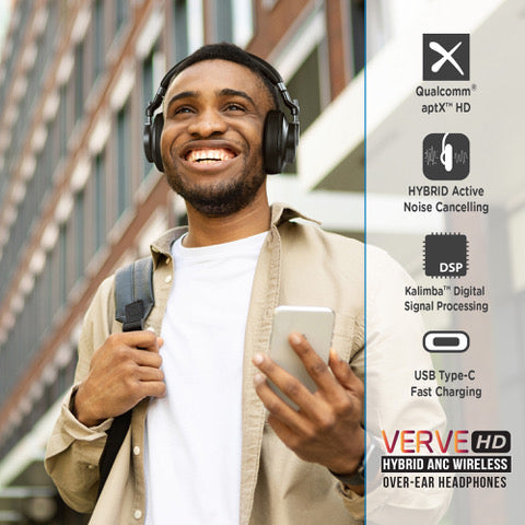 Photo of Morpheus 360 Verve HD Hybrid Wireless ANC Noise Cancelling Headphones features a young African American Male enjoying the Qualcomm aptX HD, Hybrid Active Noise Cancelling, Kalimba Digital Signal Processing, and USB Type-C Fast Charging.