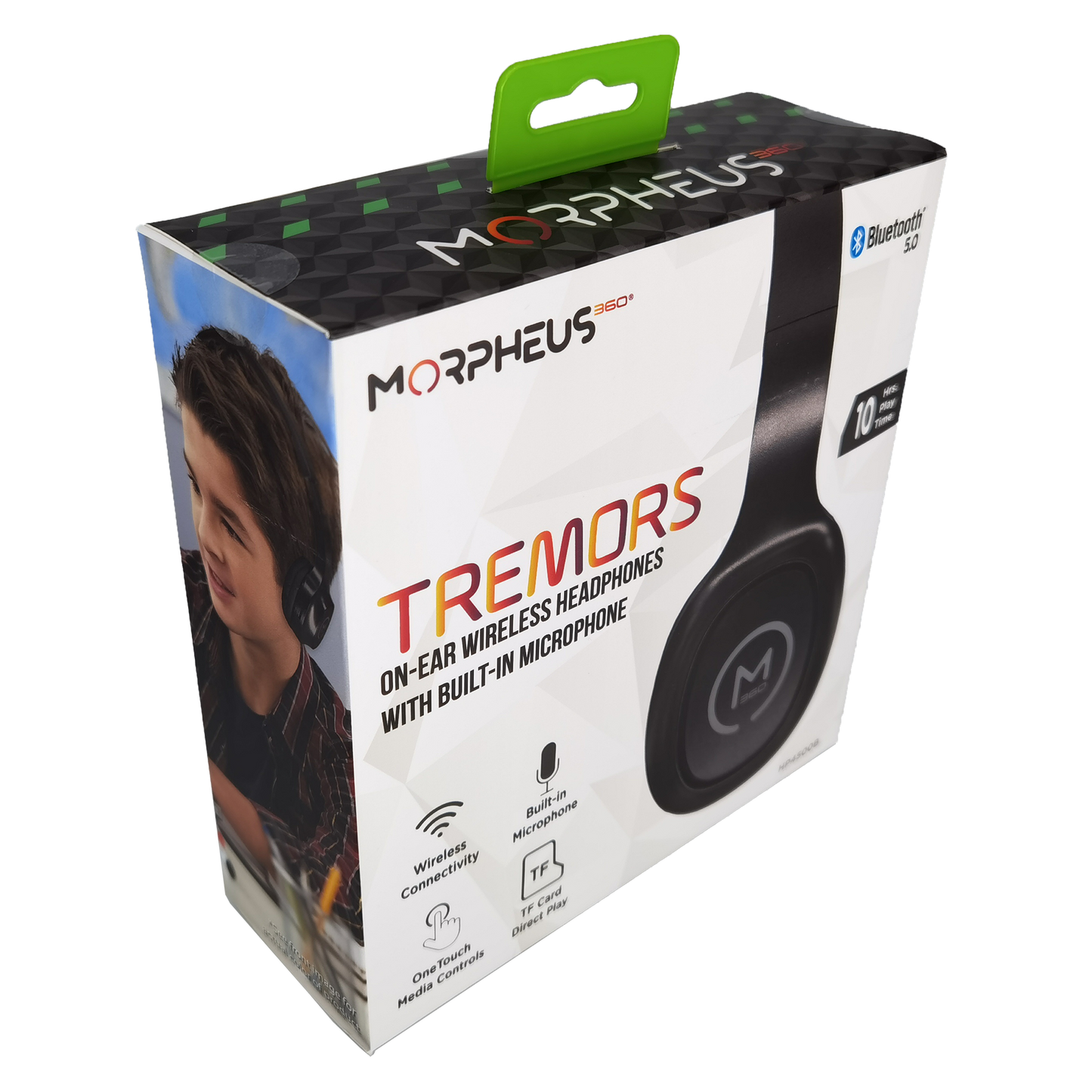 Photo of Morpheus 360 Tremors Wireless on-ear Headphones Retail Packaging, displays a side view of the black Tremors headphones, Bluetooth 5.0, 10 Hours of Playtime, Wireless Connectivity, Built-in Microphone, One Touch Media Controls, and TF Card Direct Play features.