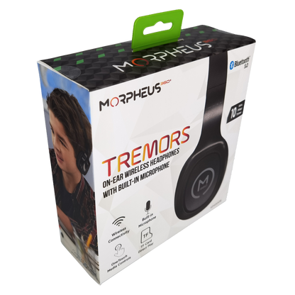 Photo of Morpheus 360 Tremors Wireless on-ear Headphones Retail Packaging, displays a side view of the black Tremors headphones, Bluetooth 5.0, 10 Hours of Playtime, Wireless Connectivity, Built-in Microphone, One Touch Media Controls, and TF Card Direct Play features.