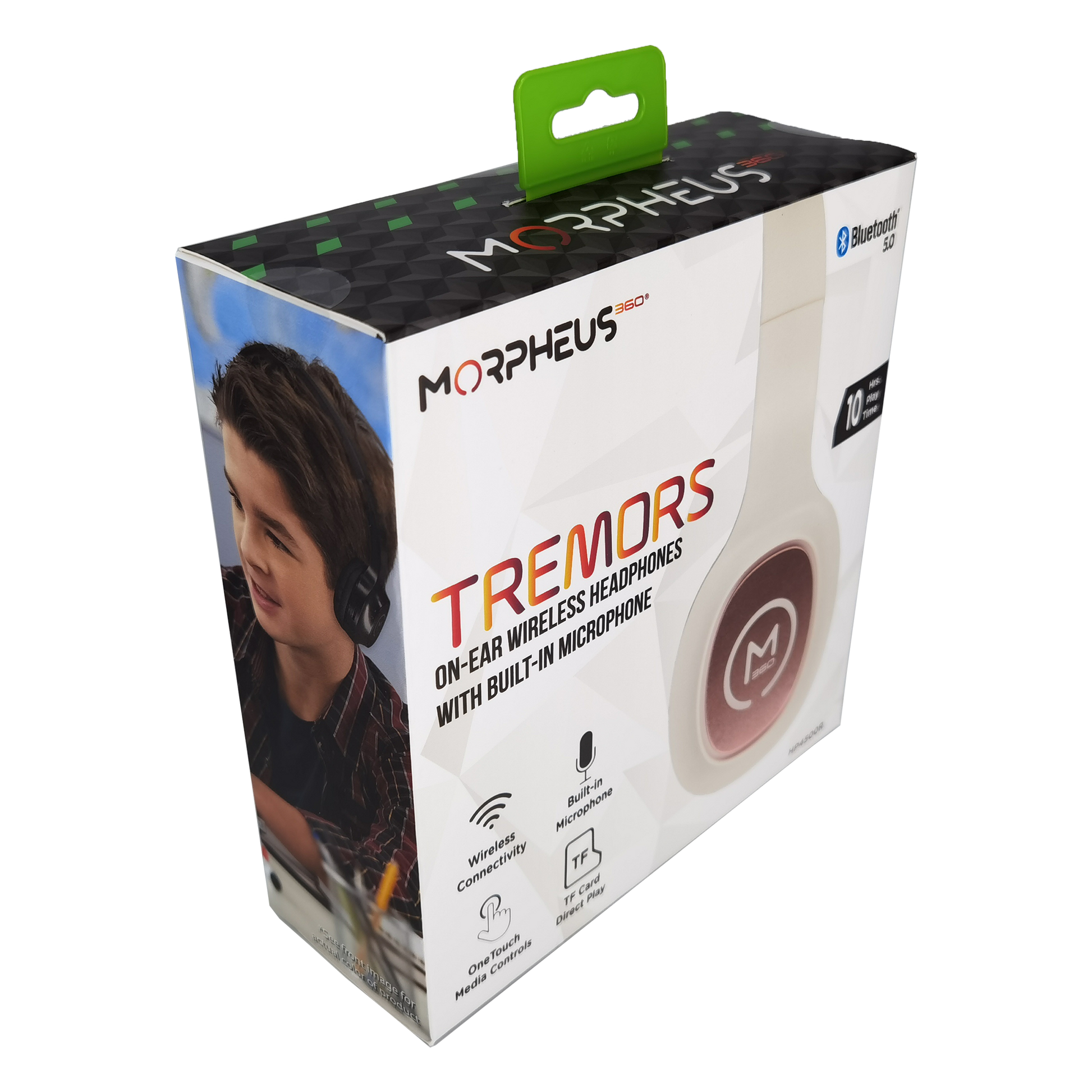 Photo of Morpheus 360 Tremors Wireless on-ear Headphones Retail Packaging displays a side view of the White with Rose Gold accents Tremors headphones, Bluetooth 5.0, 10 Hours of Playtime, Wireless Connectivity, Built-in Microphone, One Touch Media Controls, and TF Card Direct Play features.