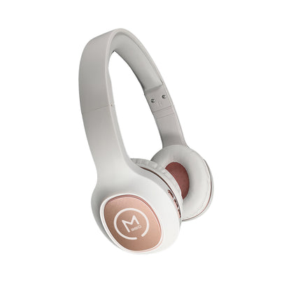 Photo of Morpheus 360 Tremors Wireless on-ear Headphones – White with Rose Gold accents, show the padded headband and plush earpads.