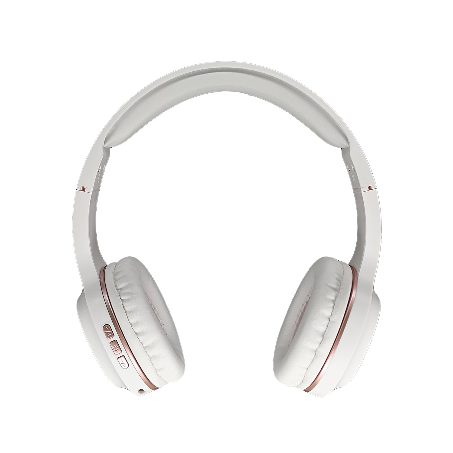 Photo of Morpheus 360 Tremors Wireless on-ear Headphones – White with Rose Gold accents, front view displays Power on/off button, Volume up/down, and track forward/backward buttons.