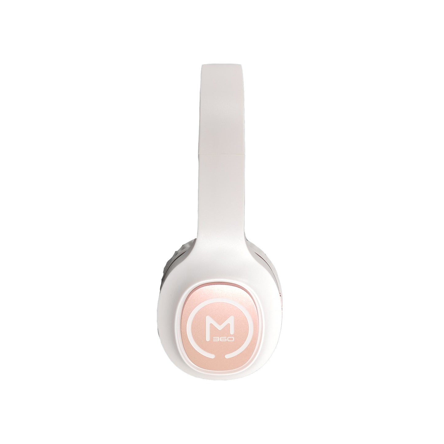 Photo of Morpheus 360 Tremors Wireless on-ear Headphones – White with Rose Gold accents, side view.