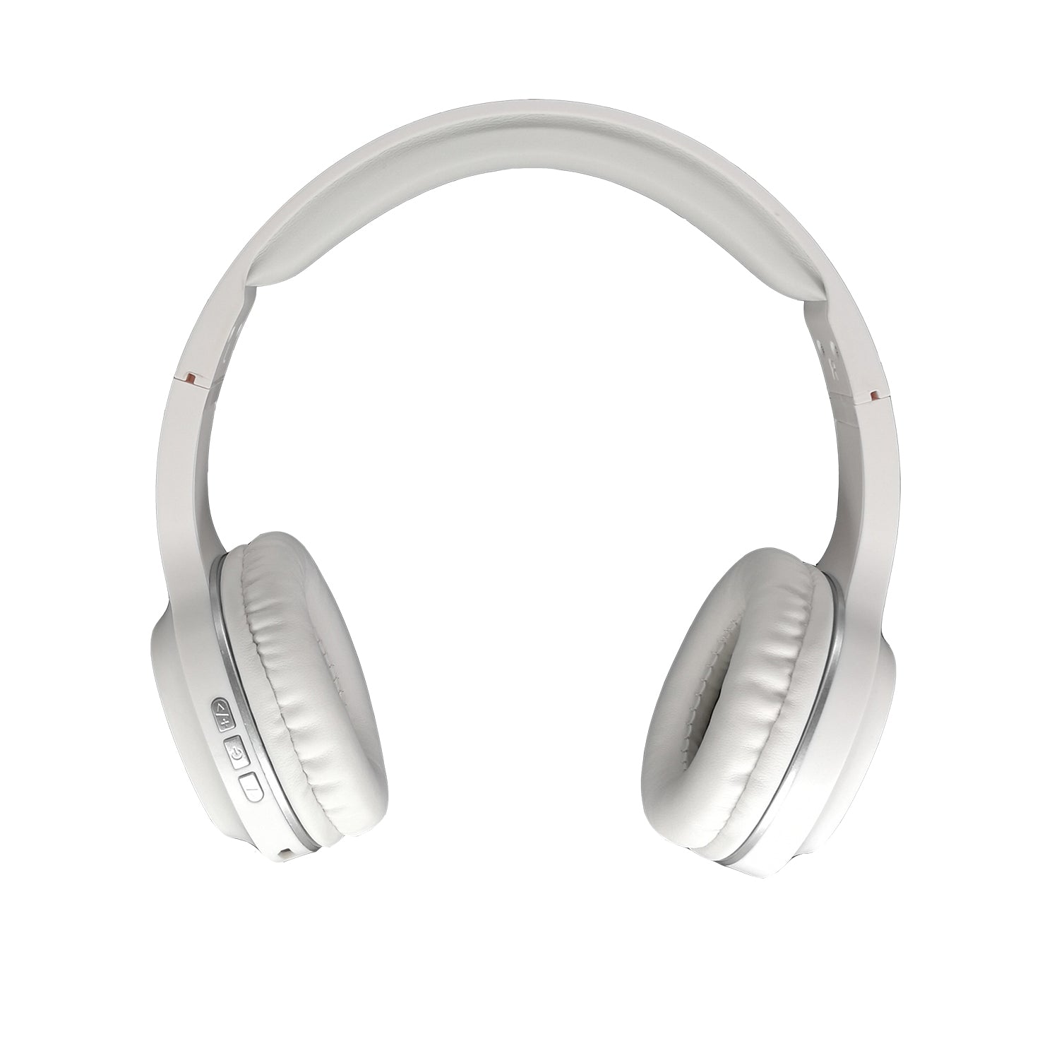 Photo of Morpheus 360 Tremors Wireless on-ear Headphones – White with Silver accents, front view displays Power on/off button, Volume up/down, and track forward/backward buttons.