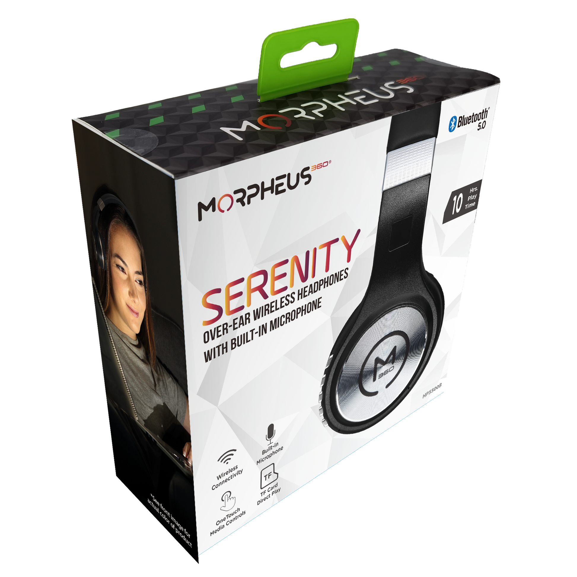 Photo of Morpheus 360 Serenity Wireless Over Ear Headphones Retail Packaging. Showing on the front of the package is a side view of the Serenity headphones (Black with Silver Accents), Bluetooth 5.0, 10+ Hours of Playtime, Wireless Connectivity, Built-In Microphone, One Touch Media Controls, TF Card Direct Play.