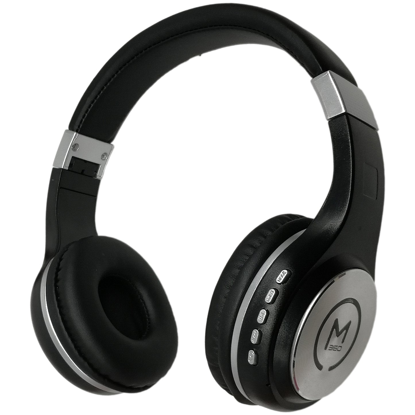 Photo of Morpheus 360 Serenity Wireless Over Ear Headphones showing the padded headband and plush comfortable earcups. Black with Silver accents.