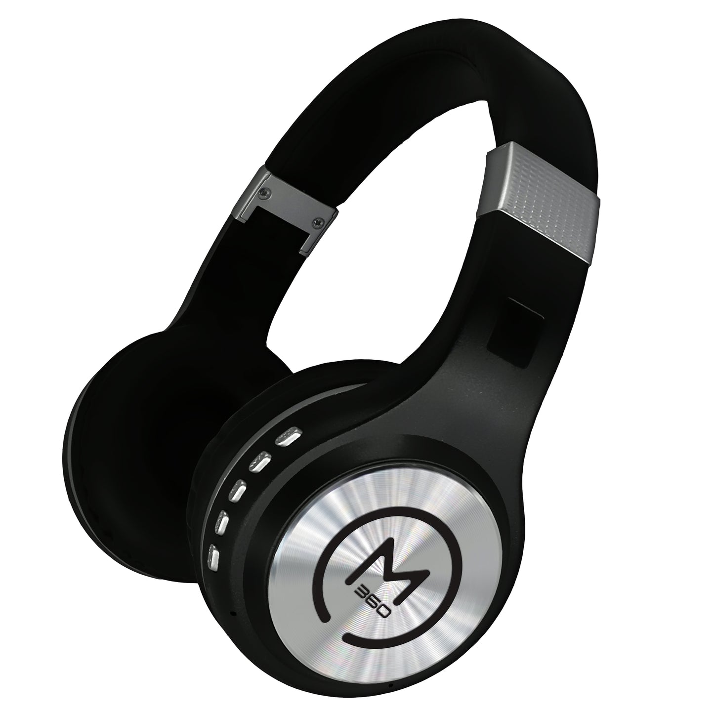 Photo of Morpheus 360 Serenity Wireless Over Ear Headphones shows Power on/off button, Volume control buttons, Play/Pause, and Mode button. Black with Silver accents.
