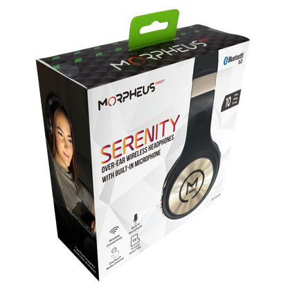 Photo of Morpheus 360 Serenity Wireless Over Ear Headphones Retail Packaging. Showing on the front of the package is a side view of the Serenity headphones (Black with Gold Accents), Bluetooth 5.0, 10+ Hours of Playtime, Wireless Connectivity, Built-In Microphone, One Touch Media Controls, TF Card Direct Play.