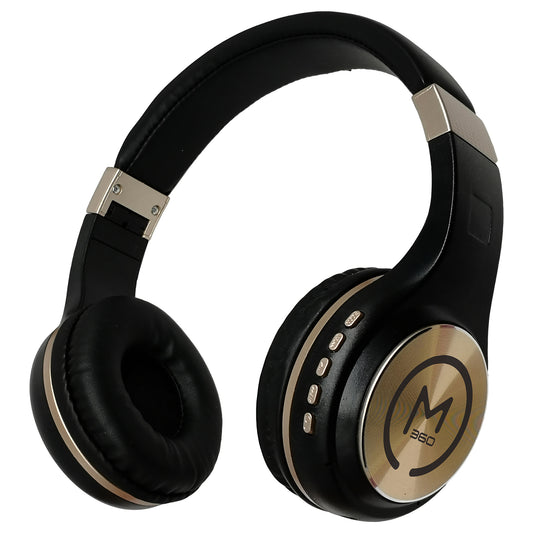Photo of Morpheus 360 Serenity Wireless Over Ear Headphones showing the padded headband and plush comfortable earcups. Black with Gold accents.