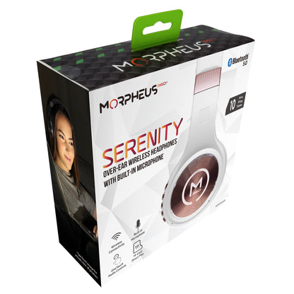 Photo of Morpheus 360 Serenity Wireless Over Ear Headphones Retail Packaging. Showing on the front of the package is a side view of the Serenity headphones (White with Rose Gold Accents), Bluetooth 5.0, 10+ Hours of Playtime, Wireless Connectivity, Built-In Microphone, One Touch Media Controls, TF Card Direct Play.