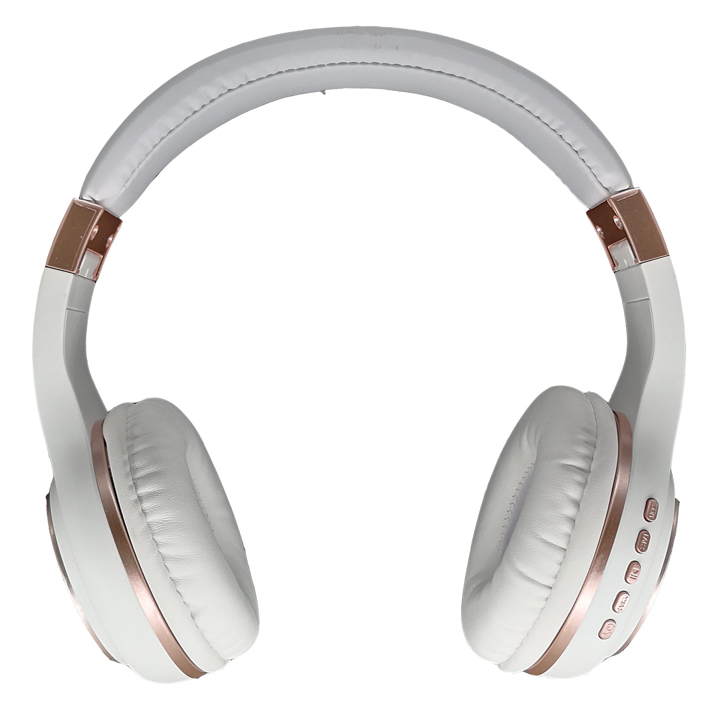 Photo of Morpheus 360 Serenity Wireless Over Ear Headphones shows Power on/off button, Volume control buttons, Play/Pause, and Mode button. White with Rose Gold accents.