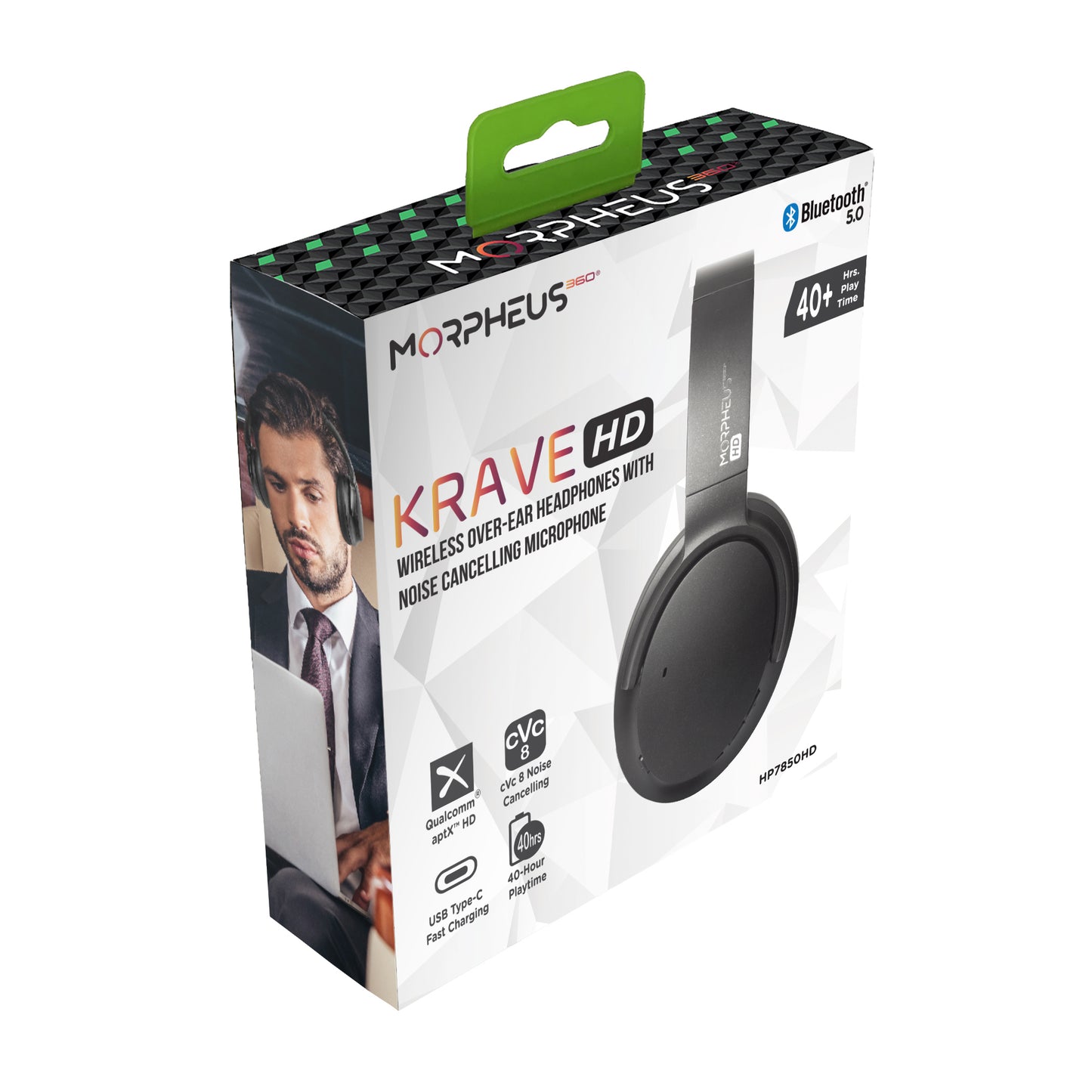 Photo of Morpheus 360 Krave HD Wireless Headphones Retail packaging. The front of the retail packaging displays the side view of the Krave HD headphones, as well as, Bluetooth 5.0, 40+ hours playtime, Qualcomm aptX HD, cVc 8 Noise cancelling, and USB Type-C Fast Charging features. 