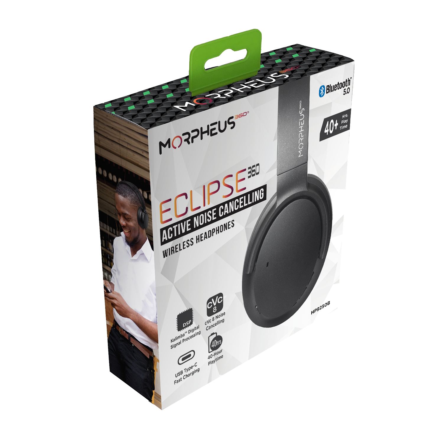 Photo of Morpheus 360 Eclipse 360 Wireless Headphones Retail packaging. The front of the retail packaging displays the side view of the Eclipse 360 headphones, as well as, Bluetooth 5.0, 40+ hours playtime, Kalimba Digital Signal Processing, cVc 8 Noise cancelling, and USB Type-C Fast Charging features. 