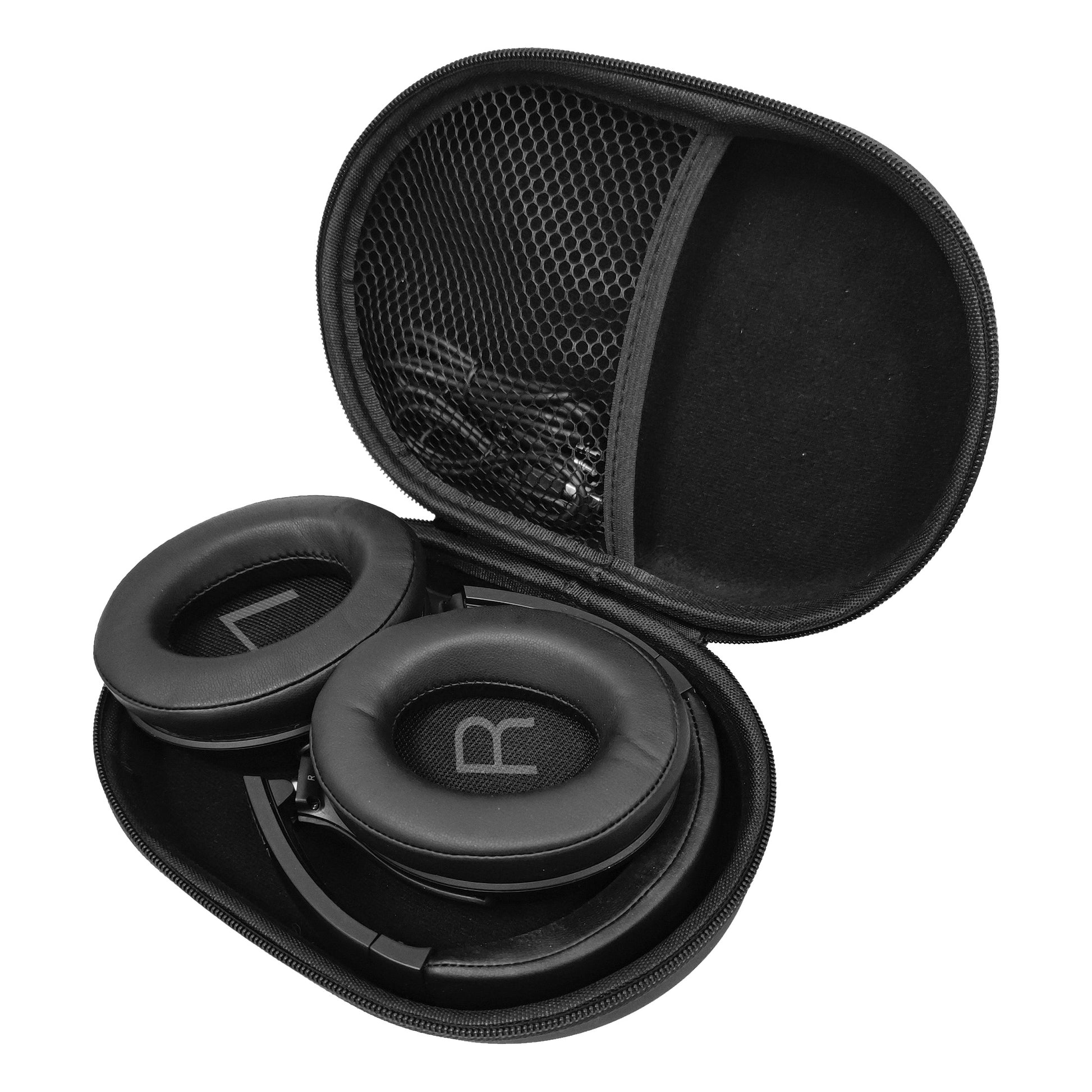 Photo of Morpheus 360 Krave ANC Wireless Headphones in its hardshell travel case.