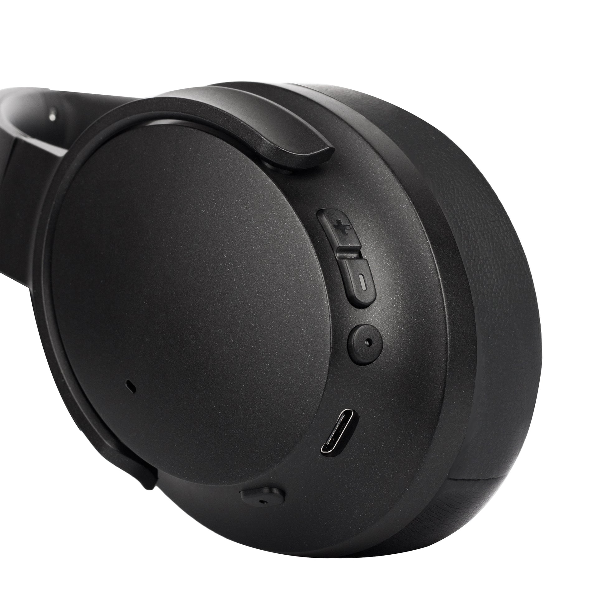 Photo of Morpheus 360 Synergy HD Active Noise Cancelling Wireless Headphone, showing Power on/off button, Volume up/down buttons, Noise cancelling button, and USB Type-C cable port on the headphones ear piece.