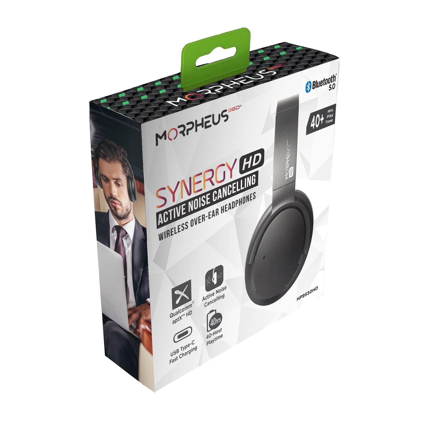 Photo of Morpheus 360 Synergy HD Active Noise Cancelling Wireless Headphones Retail packaging, a side view of the Syngery HD Headphones, features include: Bluetooth 5.0, 40+ Hours of Playtime, Qualcomm aptX HD, Active Noise Cancelling, and USB Type-C Fast Charging.