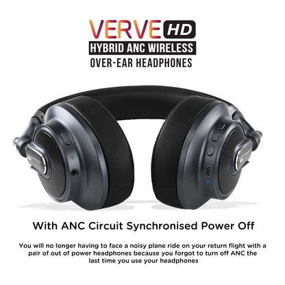 Photo of Morpheus 360 Verve HD Hybrid Wireless ANC Noise Cancelling Headphones advertisement. ANC Circuit Synchronised Power off: You will no longer have to face a noisy plane ride on your return flight with a pair of our ANC headphones because you forgot to turn the power off the last time you used your headphones.
