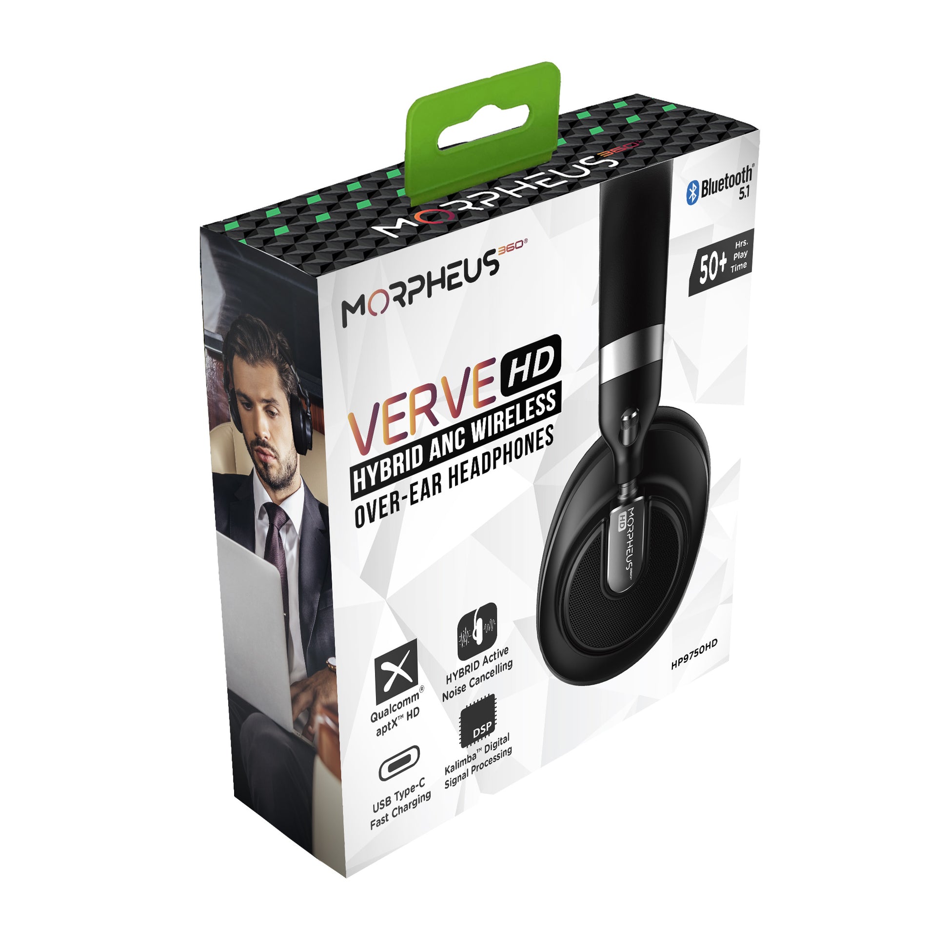 Photo of Morpheus 360 Verve HD Hybrid Wireless ANC Noise Cancelling Headphones Retail Packaging, displays a side view of the Verve HD Headphones, Bluetooth 5.1, 50+ Hours of Playtime, Qualcomm aptX HD, Hybrid Active Noise Cancelling, USB Type-C Fast Charging, Kalimba Digital Signal Processing features.