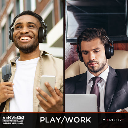 Photo of Morpheus 360 Verve HD Hybrid Wireless ANC Noise Cancelling Headphones a young African American Male and young white male showcasing the interchageable Play/Work uses of these premium headphones.