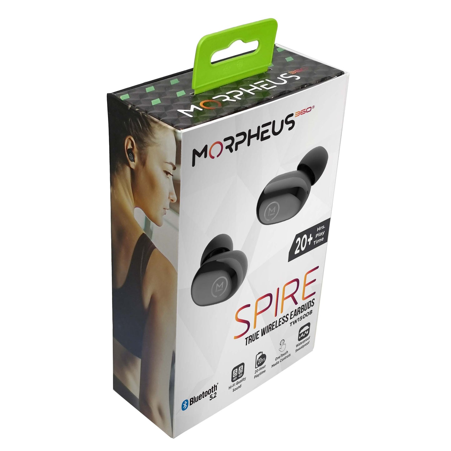 Photo of Morpheus 360 Spire True Wireless Earbuds Retail packing, Black left and right earbuds with features: Bluetooth 5.2, 20+ Hours of Playtime, Hi-Fi Quality Sound, One Touch Media Controls, Waterproof/Sweatproof.