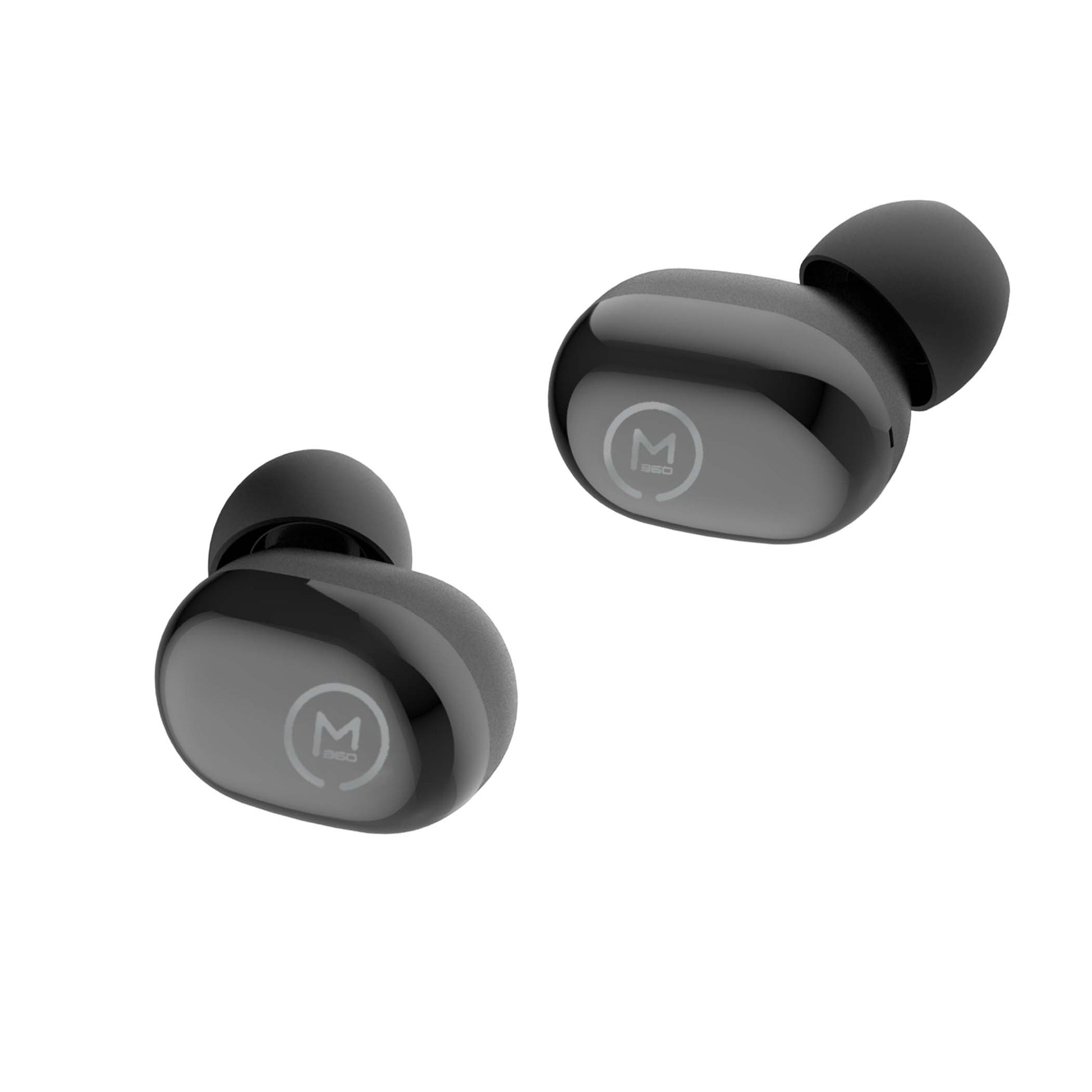 Photo of Morpheus 360 Spire True Wireless Earbuds black left and right button earbuds.