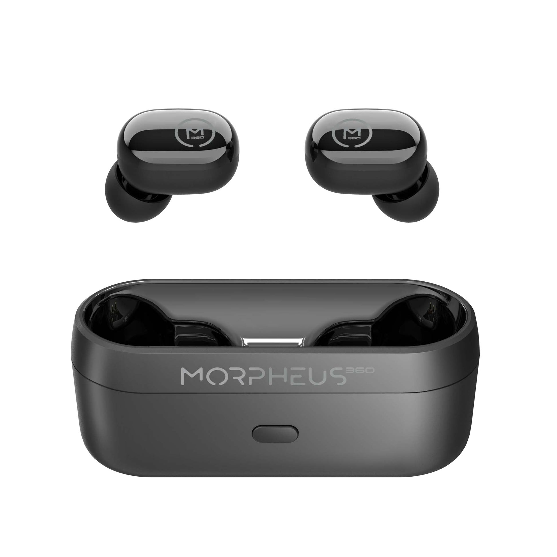 Photo of Morpheus 360 Spire True Wireless Earbuds, Black left and right button earbuds with charging case.