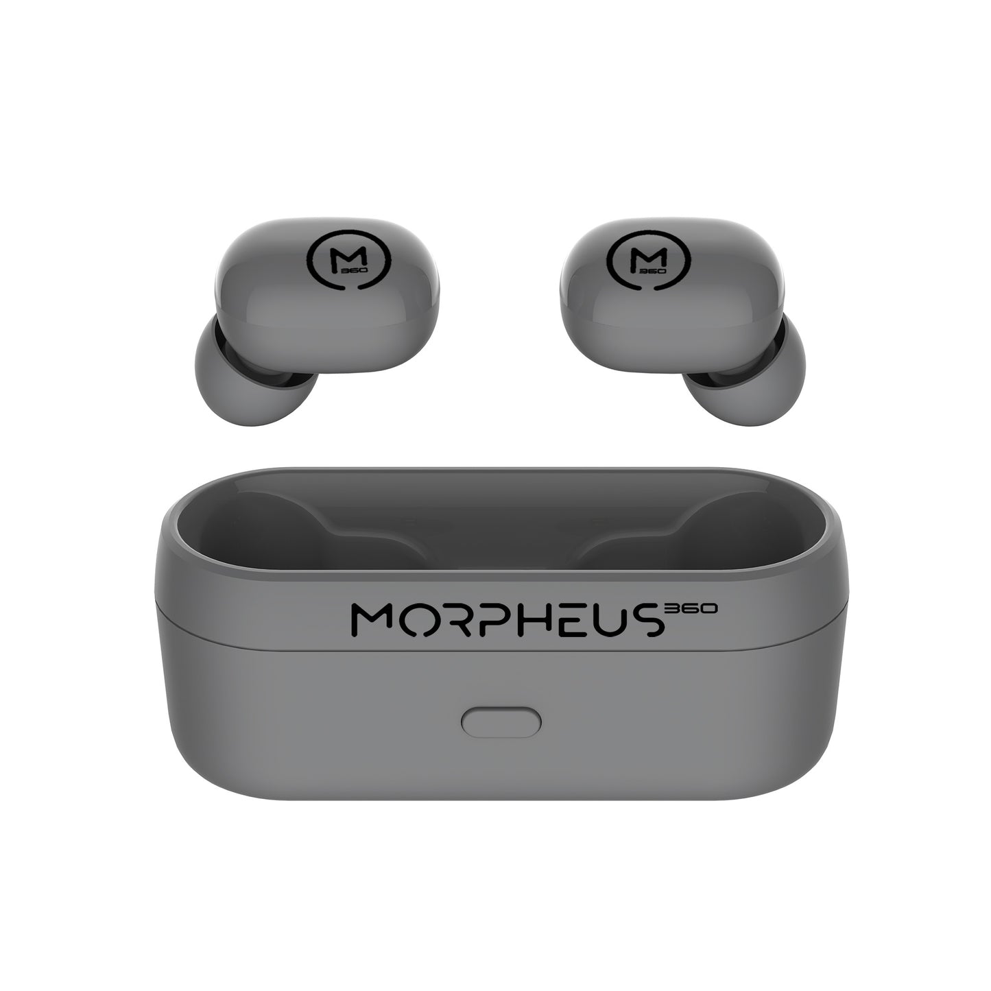 Photo of Morpheus 360 Spire True Wireless Earbuds Gray left and right button earbuds with charging case.