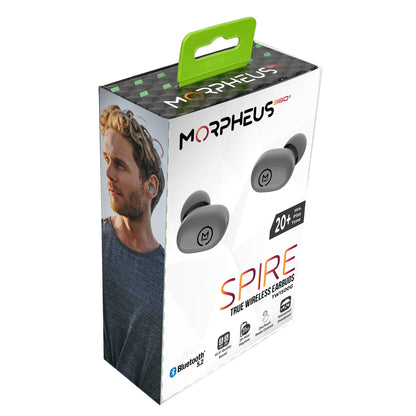 Photo of Morpheus 360 Spire True Wireless Earbuds Retail packing, Gray left and right earbuds with features: Bluetooth 5.2, 20+ Hours of Playtime, Hi-Fi Quality Sound, One Touch Media Controls, Waterproof/Sweatproof.