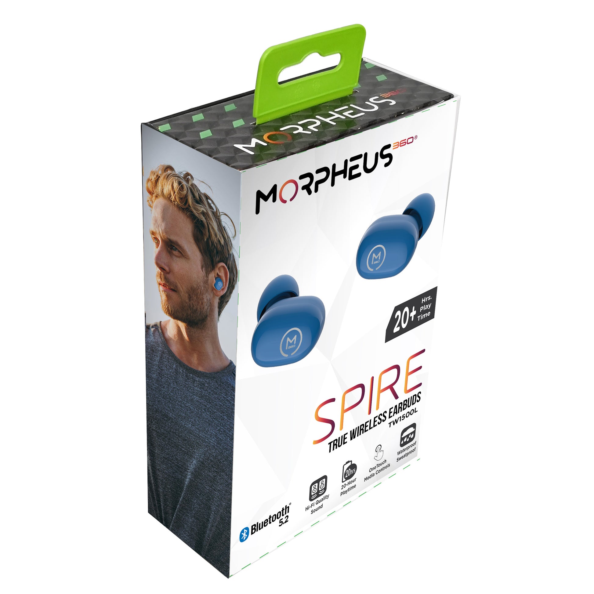Photo of Morpheus 360 Spire True Wireless Earbuds Retail packing, Blue left and right earbuds with features: Bluetooth 5.2, 20+ Hours of Playtime, Hi-Fi Quality Sound, One Touch Media Controls, Waterproof/Sweatproof.