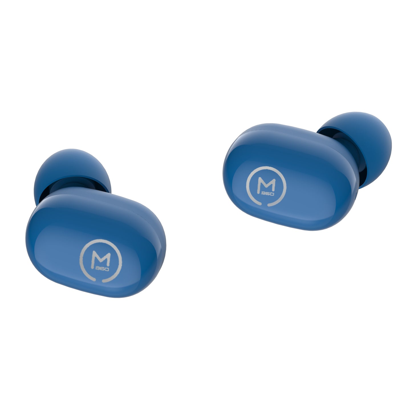 Photo of Morpheus 360 Spire True Wireless Earbuds Blue left and right button earbuds.