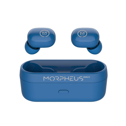 Phone of the Spire True Wireless Bluetooth earbuds iand charging case available in Ocean Blue.