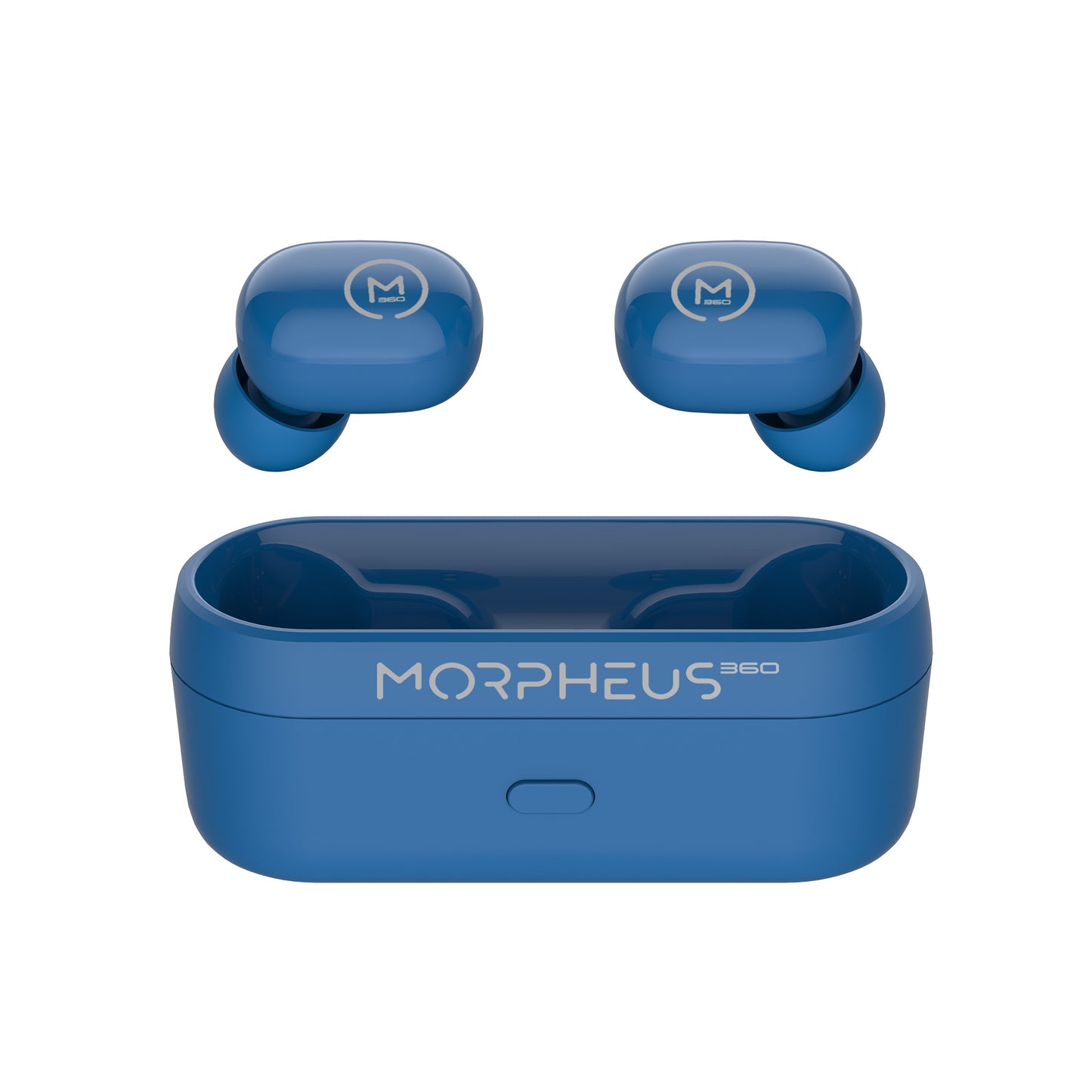 Photo of Morpheus 360 Spire True Wireless Earbuds Blue left and right button earbuds with charging case.