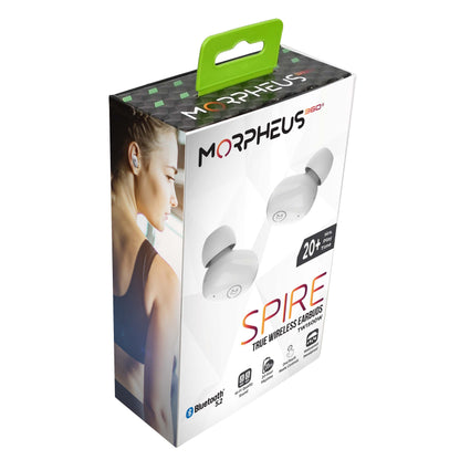 Photo of Morpheus 360 Spire True Wireless Earbuds Retail packing, White left and right earbuds with features: Bluetooth 5.2, 20+ Hours of Playtime, Hi-Fi Quality Sound, One Touch Media Controls, Waterproof/Sweatproof.
