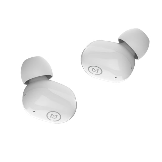Photo of Morpheus 360 Spire True Wireless Earbuds White left and right button earbuds.