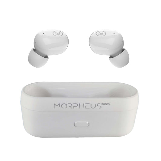 Photo of Morpheus 360 Spire True Wireless Earbuds White left and right button earbuds with charging case.