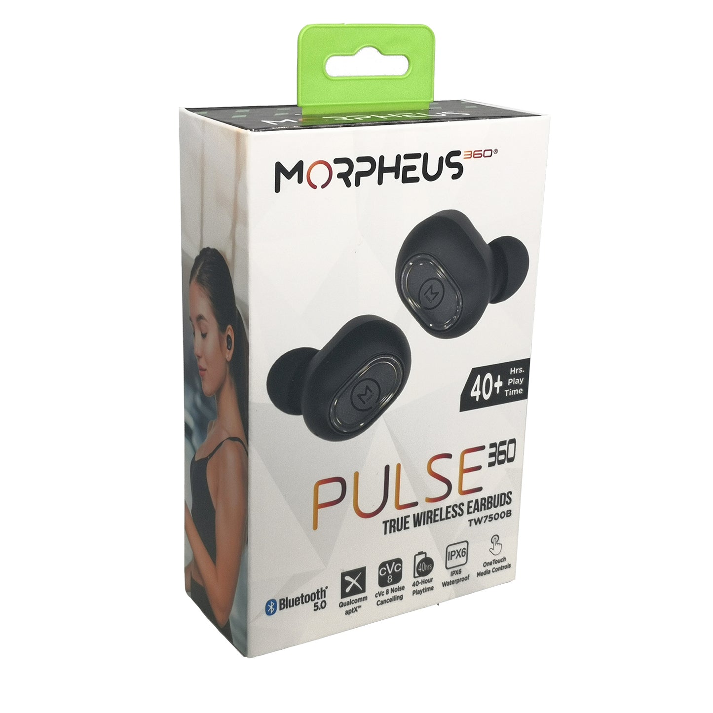Photo of Morpheus 360 Pulse 360 True Wireless Earbuds Retail packaging. The front of the retail packaging displays the left and right earbud, as well as, Bluetooth 5.0, 40+ hours playtime, Qualcomm aptX, cVc 8 Noise Cancelling, IPX6 Waterproof, and One Touch Media Controls features. 