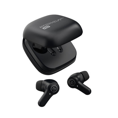 Photo of Morpheus 360 Pulse HD Virtual Hybrid ANC True Wireless Earbuds, Black left and right stick earbuds with black charging case.