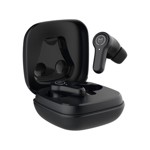 Photo of Morpheus 360 Pulse HD Virtual Hybrid ANC True Wireless Earbuds, front view with charging case open, the right black stick earbud is above outside of the charging case while the left earbud is resting in charging case.