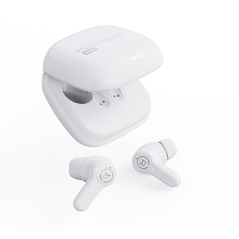Photo of Morpheus 360 Pulse HD Virtual Hybrid ANC True Wireless Earbuds. White left and right stick earbuds with white charging case.