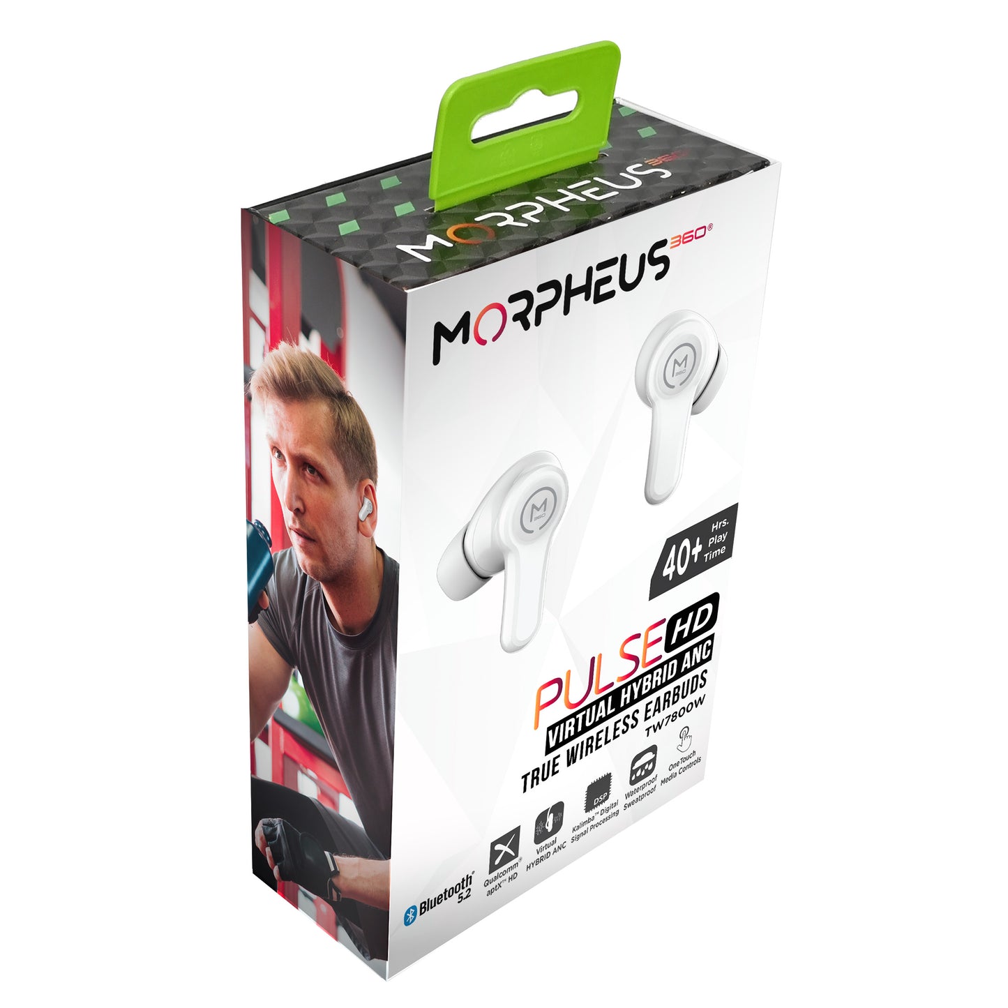 Photo of Morpheus 360 Pulse HD Virtual Hybrid ANC True Wireless Earbuds Retail Packaging. Retail package shows right and left white stick earbuds, 40+ Hours of Playtime, Bluetooth 5.2, Qualcom aptX HD, Virtual Hybrid ANC, Kalimba Digital Signal Processing, Waterproof/Sweatproof, One Touch Media Controls.