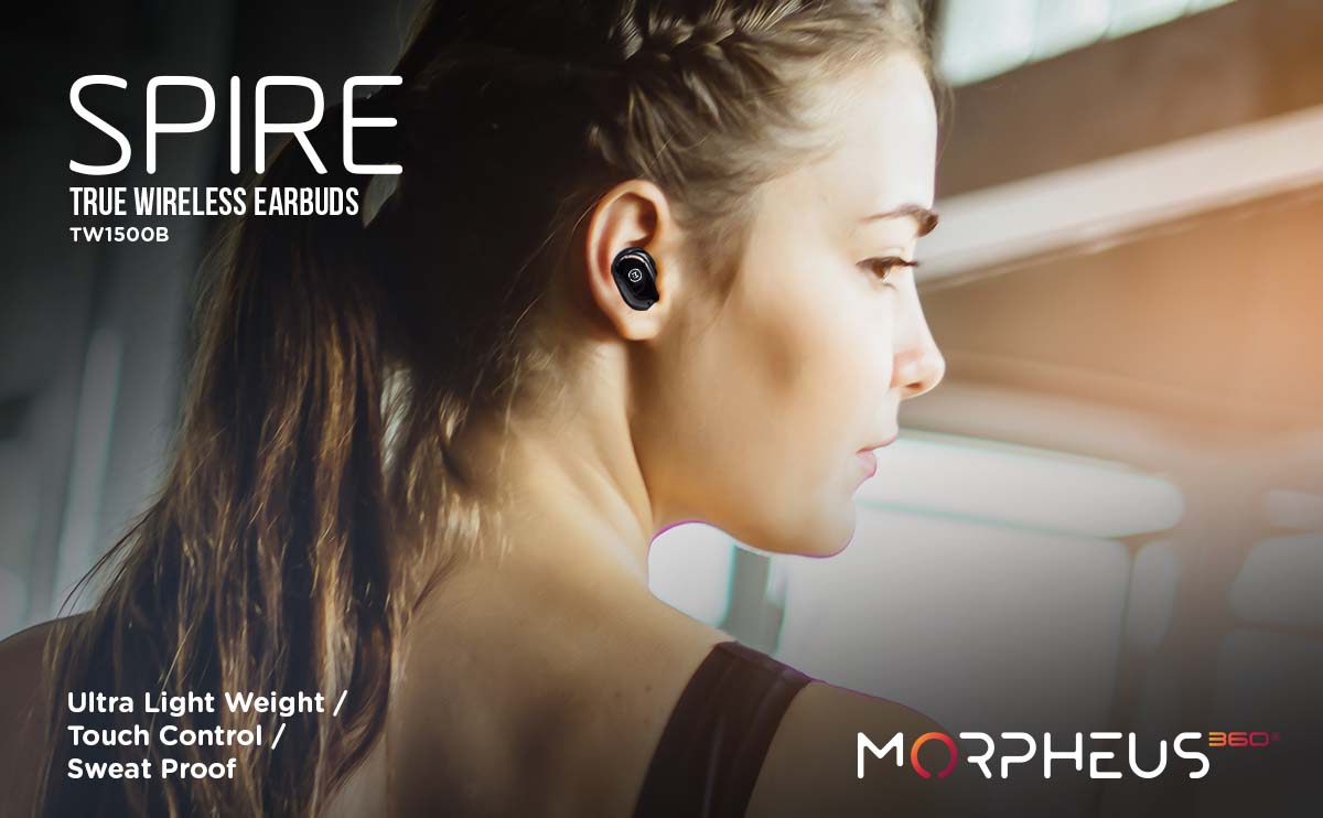 Photo of Morpheus 360 Spire True Wireless Earbuds advertisement of the TW1500B, Ultra Light Weight, Touch Control, Sweatproof. A white female wearing the Spire True Wireless Earbuds while working out.