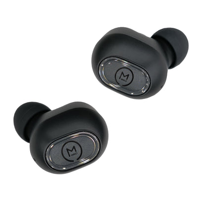 Photo of Morpheus 360 Pulse 360 True Wireless Earbuds, left and right black button earbuds.