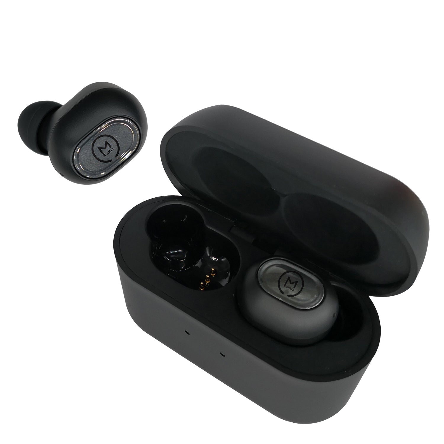 Photo of Morpheus 360 Pulse 360 True Wireless Earbuds. The photo displays a view from above the black button earbuds and charging case, the left earbud is out of the charging case while the right earbud is resting in the charging case.